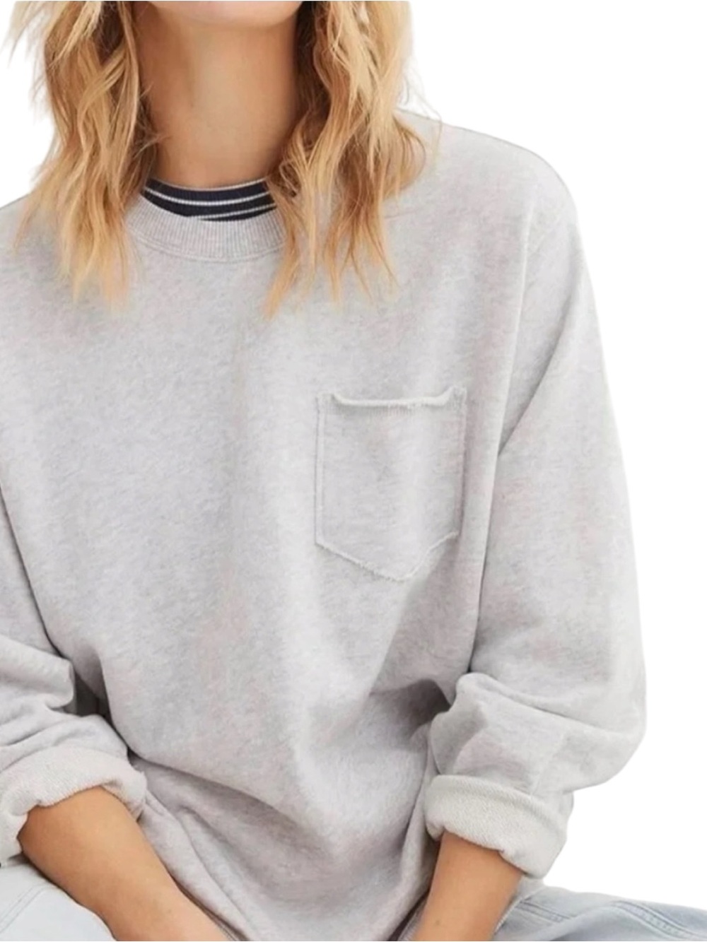 aerie Light Gray Crewneck Pocket Oversize Relaxed Sweater